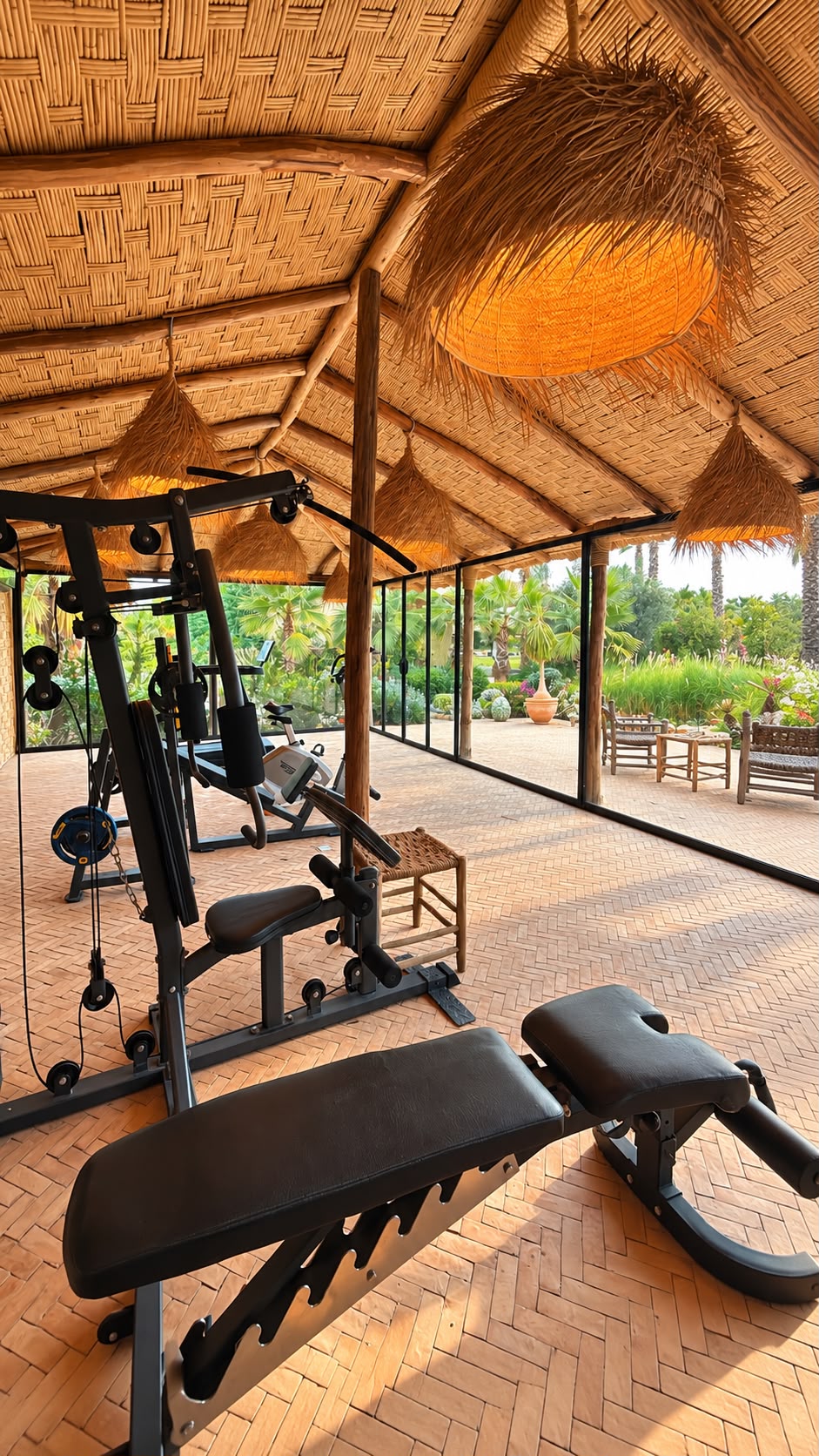 Salle de sport sous pergola en roseau, ouverte sur le jardin